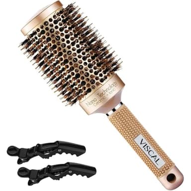 VISCAL Nano Thermal Ceramic & Ionic Round Hair Brush Large Round Hair Brush with Boar Bristle 3.3 inch, for Hair Drying, Styling, Curling, Adding Hair Volume and Shine, Gold Brown.