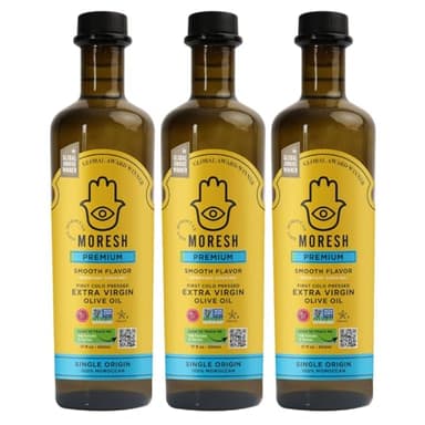 Moresh Moroccan Smooth Extra Virgin Olive Oil in Dark Glass Bottle, Polyphenol Rich Olive Oil, First Cold Pressed Single Origin Olive Oil for Cooking, Less Than .3% Acidity, 500 ML (17 Fl Oz) - 3 Pack