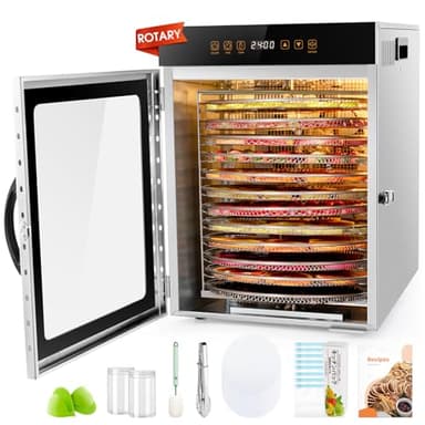 KWASYO Rotary Food Dehydrator Machine, 12 Trays ALL Stainless Steel, 1000W Dual fan 360°, 24H Adjustable Timer & 30-90℃ Temperature Control, Overheat Protection, Food Dryer for jerky fruit