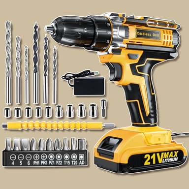 Cordless Drill Set, 21V Power Drill Cordless with 2000mAh Battery, 42Nm Electric Drill Screwdriver, 2 Speed Power Drills Driver, 25+1 Torque, LED Light, 27 Accessories, Drill for Home DIY Projects