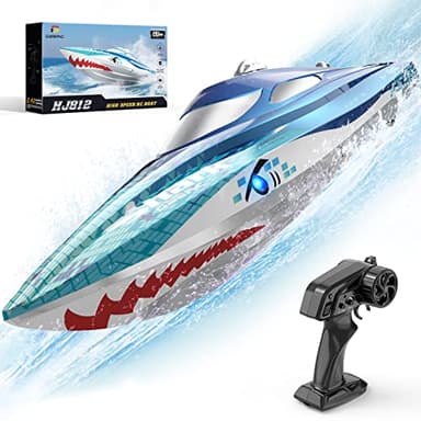 DEERC High Speed RC Boat Shark, 20+ MPH Remote Control Boat for Pools & Lakes, 2.4GHz Full Proportional Fast Racig Boat W/Self-Righting & Demo Mode, LED Light, Water Toy for Kids Adults