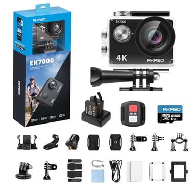 AKASO EK7000 4K30FPS 20MP WiFi Action Camera with EIS Ultra HD 131FT Waterproof Underwater Camera Remote Control 4X Zoom Support External Microphone Black with 64GB microSDXC U3 Memory Card