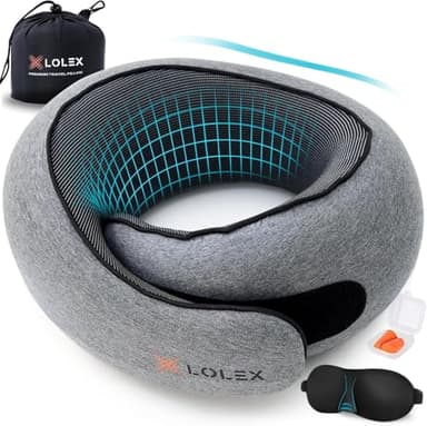LOLEX™ Travel Pillow, Neck Pillow Travel for Airplane, Car - Super Soft Pure Cotton & Memory Foam Plane Pillow, Lightweight & Easy-to-Carry on Flight, Full Travel Set (Eye Mask, Earplugs) - Light Grey