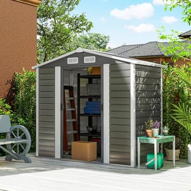 Outsunny 7' x 4' Outdoor Storage Shed, Easy to Assemble, Upgraded Galvanised Steel Frame with Foundation Kit, Metal Garden Shed with 2 Lockable Doors, Vents Gloves, Dark Grey
