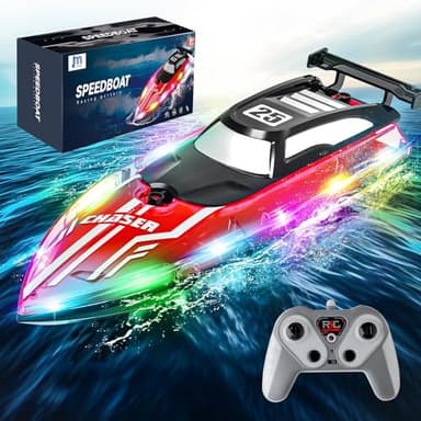 RC Boat with Dazzling LED Lights, 2.4Ghz Remote Control Racing Boats for Kids 8-12,Toy Water Boat for Pools and Lakes with Waterproof,Rechargeable Battery, for Boys Girls RED