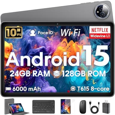 Android 15 Tablet 10 inch,24GB RAM 128 ROM,Tablets with Keyboard Mouse Stylus,1TB Expandable,Octa-Core 6000mAh 1280x800 IPS HD,5G WiFi,T615 CPU,High Performance,Processor,Dual Camera(Gray)