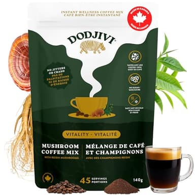 Dodjivi Organic Reishi Mushroom Coffee, Made in Canada, Sustained Energy & Focus, Instant Coffee, Arabica with Adaptogenic Herbs, Sugar-Free, Vegan, Keto-Friendly, Smooth Taste, 45 Servings, 140g Bag