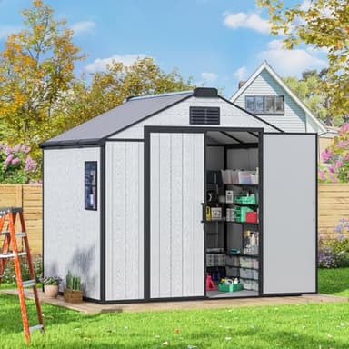 MELLCOM 8 x 6 FT Resin Outdoor Storage Shed with Floor, Outdoor Storage Tool Shed with Windows and Lockable Door, Resin Garden Shed for Lawnmower, Bike, Pool Supply