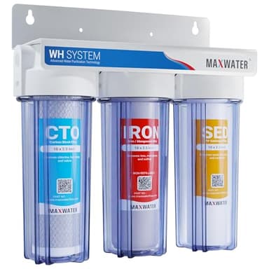 Max Water 3 Stage Whole House Water Filter System - Reduces Iron, Manganese, Sediment & Chlorine - 10 inch Standard Filtration System with ¾ Inlet/Outlet - Sediment + Iron Manganese + CTO Post Carbon