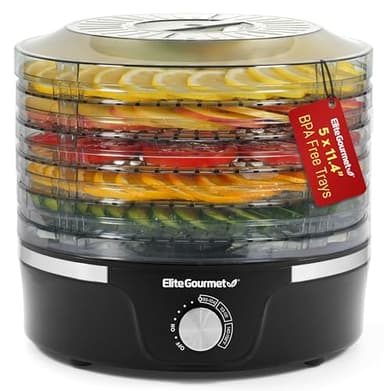 Elite Gourmet Electric Food Dehydrator, 5 BPA-Free 11.4” Trays, Adjustable Temperature 95°F–158°F, 350W Snack Maker for Jerky, Fruit, Vegetables, Herbs & Pet Treats, Black