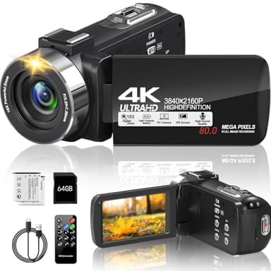 4k Video Camera Camcorder 80MP 30FPS with 3.0 Inch 270°Rotation Screen IR Night Vision18x Digital Zoom Vlogging Camera for YouTube Remote Control ，64GB SD Card and 2 Batteries