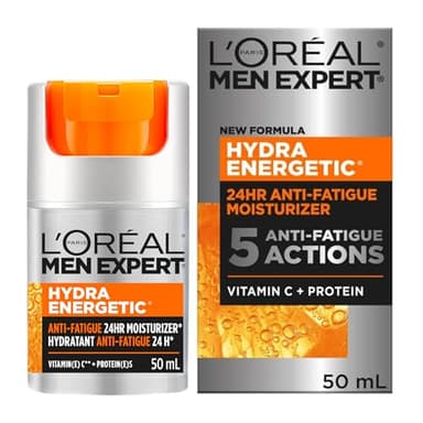 L’Oréal Paris Men Expert Anti Fatigue Daily Face Moisturizer for Men with Vitamin C & Protein, 24HR Non Greasy Hydration, For Dry and Tired Skin, Reduces look of fine lines & dark circles, Suitable for Sensitive Skin, Hydra Energetic, 50ml