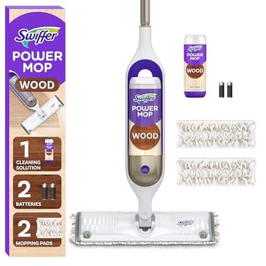 Swiffer Power Mop Wood, Hardwood Floor Cleaner for Mopping Home, All Purpose Multi-Surface Cleaning Set Includes PowerMop Wood, 2 Pads, 1 Quickdry Lemon Solution, & 2 Batteries, 5 Count