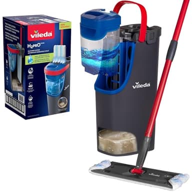 Vileda H2prO Flat Mop and Bucket Set | 100% Clean & Dirty Water Separation | Wall Mop, Baseboard Cleaning Tool | Machine Washable Reusable Microfiber Mop Head | Safe on All Floor Types