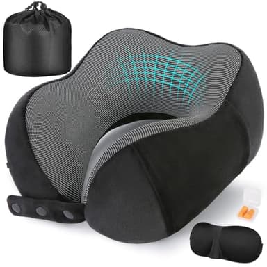 Cirorld Neck Pillow for Traveling, Travel Pillows for Airplanes,100% Pure Memory Foam Travel Neck Pillow, Adjustable Flight Pillow, Portable Plane Accessories with Eye Mask, Earplugs, Carry Bag