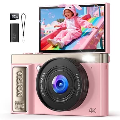 Digital Camera 4K for Photography Vlogging: Pink 64MP Cameras for Video - 16X Zoom Photo Camera Gifts for Teens Ages 8-18 - 180°Flip Screen Compact Cámara - Point and Shoot Digital Cameras