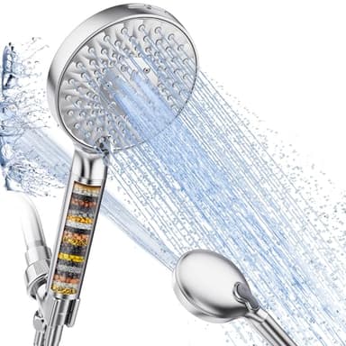 Filtered Shower Head with Handheld, High Pressure 9 Spray Mode Chrome Showerhead with Filters,Detachable Shower Head,Water Softener Filters Beads for Hard Water -Remove Chlorine