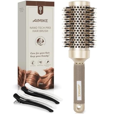 AIMIKE Round Brush, Nano Thermal Ceramic & Ionic Tech Hair Brush, Round Barrel Brush with Boar Bristles for Blow Drying, Styling, Curling, Add Volume & Shine (2.9 inch, Barrel 1.7 inch) + 4 Free Clips