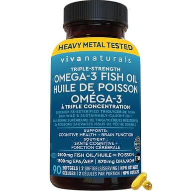 Viva Naturals Triple Strength Omega 3 Fish Oil Supplement - 2500 mg Fish Oil with Re-Esterified Omega-3 Fatty Acids including EPA and DHA for Cognitive Health & Brain Function - 90 Softgels