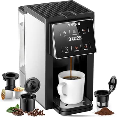 AIRMSEN Grind & Brew Coffee Maker with Built-in Grinder - Single-Serve Machine Compatible with K-Cup Pods & Ground Coffee, Fast 6-14oz Brew, Descaling Alert, Touchscreen & 50oz Removable Tank (S)
