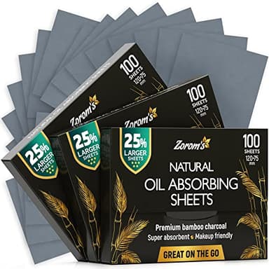 Natural Bamboo Charcoal Oil Blotting Sheets - 25% Larger - 3pk/300 Makeup Friendly Blotting Papers for Face - Easy Dispensing Oil Absorbing Sheets