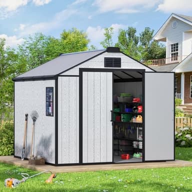 MELLCOM 8 x 8 FT Resin Outdoor Storage Shed with Floor, Outdoor Storage Tool Shed with Windows and Lockable Door, Resin Garden Shed for Lawnmower, Bike, Pool Supply