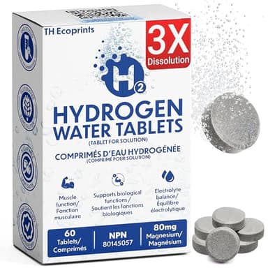 Molecular Hydrogen Water Tablets- 8 PPM Hydrogen Tablets for Cognitive function and Cellular health- Vegan, Gluten-free, Unflavored (60 Count)