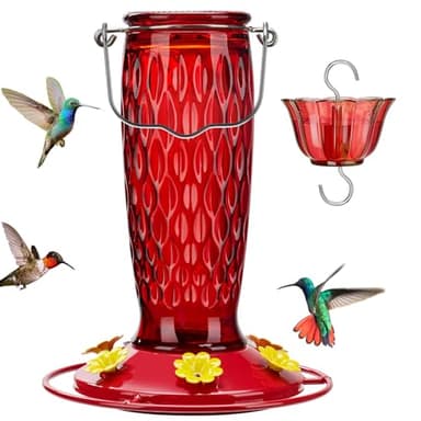 Kingsyard Hummingbird Feeders for Outdoors Hanging, 24 Ounce, Glass Hummingbird Feeder with Ant Moat & 6 Feeding Ports, Leak-Proof, Red