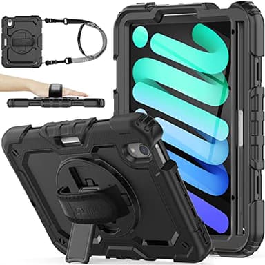 SEYMAC stock Case for iPad mini 7 (A17 Pro) 2024/ Mini 6 8.3'', [Full-Body] Drop Proof Case with 360° Rotating Stand [Pencil Holder][Screen Protector] Hand Strap, Black