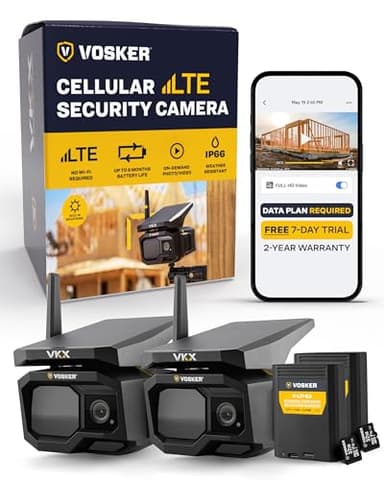 Vosker VKX Solar Powered 4G-LTE Outdoor Cellular Security Camera - No WiFi Needed, Motion Activated, Night Vision, SIM Card Included, IP65 Weather-Resistant, Photos & 15s Video Requests (2 Pack)
