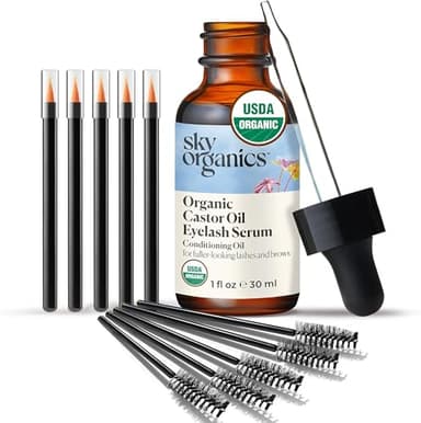Sky Organics Castor Oil Eyelash & Brow Serum (1 fl oz / 30 ml) – Certified Organic Castor Oil Lash Serum Cold Pressed, Hexane Free, USDA Certified, Fuller-looking Lashes & Eye Brows