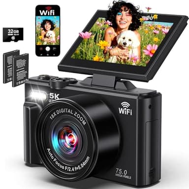 5K Digital Camera - Cameras for Photography WiFi 75MP UHD - Autofocus Vlogging Camera for YouTube with 3" 180° Flip Screen - Video Cameras Travel Camara with 18X Zoom, 32GB Card