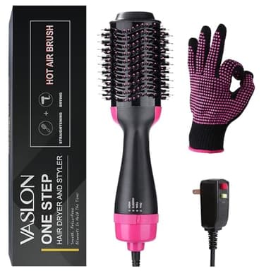 2025 New Updated VASLON One-Step Hair Dryer & Volumizer Hot Air Brush, 4-in-1 Hair Dryer Brush Styler for Straightening, Curling, Salon Negative Ion Ceramic Lightweight Blow Dryers Straightener Curl Hair Brush Heat Resistant Gloves