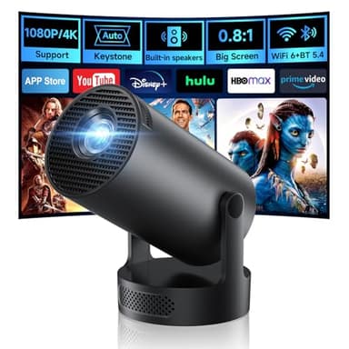 Kimwood Projector with Upgraded HiFi Speaker, [Built-in Apps] 1080P Mini Portable Projector Lower Noise Auto Keystone WiFi 6 Bluetooth 5.4 Ultra Short Throw Projectors for Big Screen (Black)