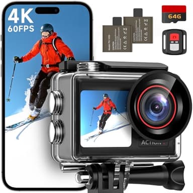 Action Camera 4K 60FPS with Dual Screens Design, Underwater Camera 64GB Memory Card Included, 132FT Waterproof Camera, 30MP Photo, EIS, 5X Zoom, Sports Camera with Accessories Kit, WiFi Remote Control