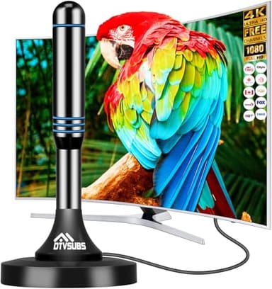 Indoor TV Antenna for Local Channels, Long Range HDTV Antenna with 360° Reception & Magnetic Base, Supports 4K 1080P UHF VHF, 10FT Coax Cable for Smart & Old TVs (Blue)