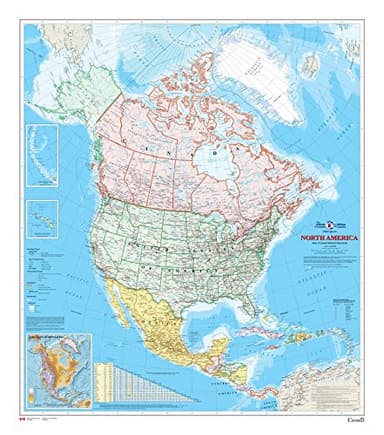 North America Wall Map - Atlas of Canada - 34" x 39" (Laminated)