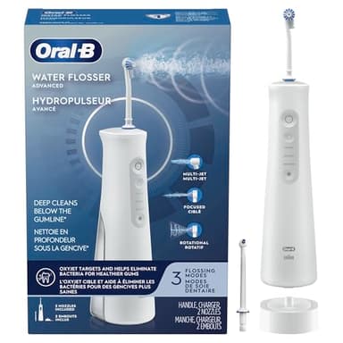 Oral-B Water Flosser Advanced, Portable Oral Irrigator Handle with 2 Nozzles, White